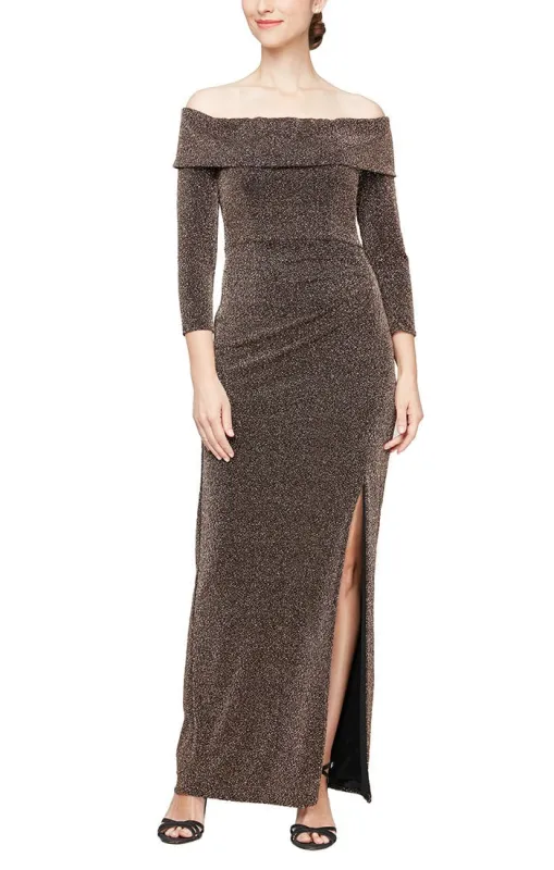 Plus - Off-the-Shoulder Metallic Knit Dress with Long Sleeves and Front Slit made by Alex Evenings