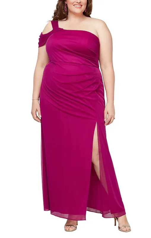 Plus - One Shoulder Mesh Gown with Cold Shoulder Sleeve sold by Alex Evenings