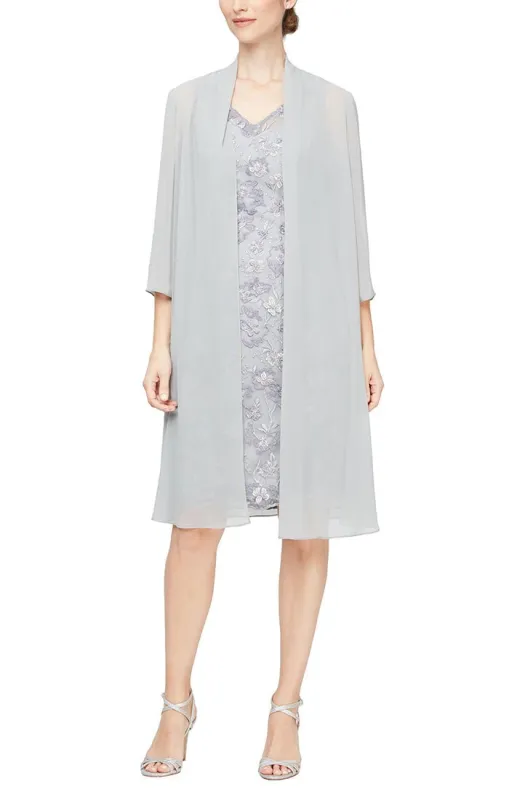 Regular - Short Embroidered V-Neck Sheath Dress with Elongated Chiffon Open Jacket sold by Alex Evenings