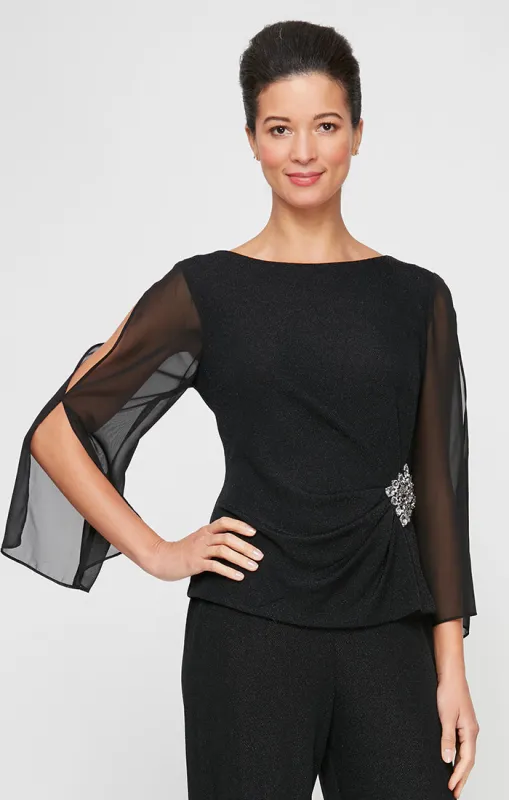 Petite 3/4 Sleeve Blouse with Beaded Detail at Hip and Illusion Sleeves sold by Alex Evenings