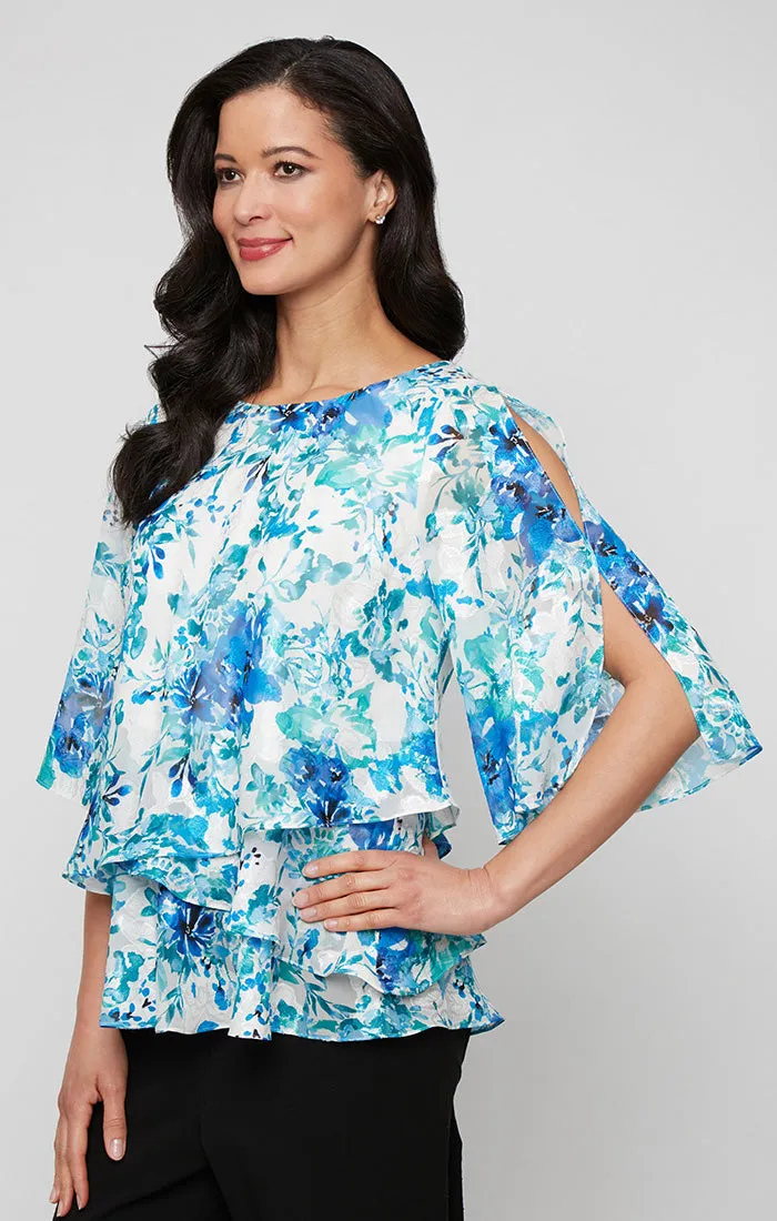 3/4 Sleeve Printed Chiffon Burnout Blouse with Asymmetric Tulip Hem Detail sold by Alex Evenings