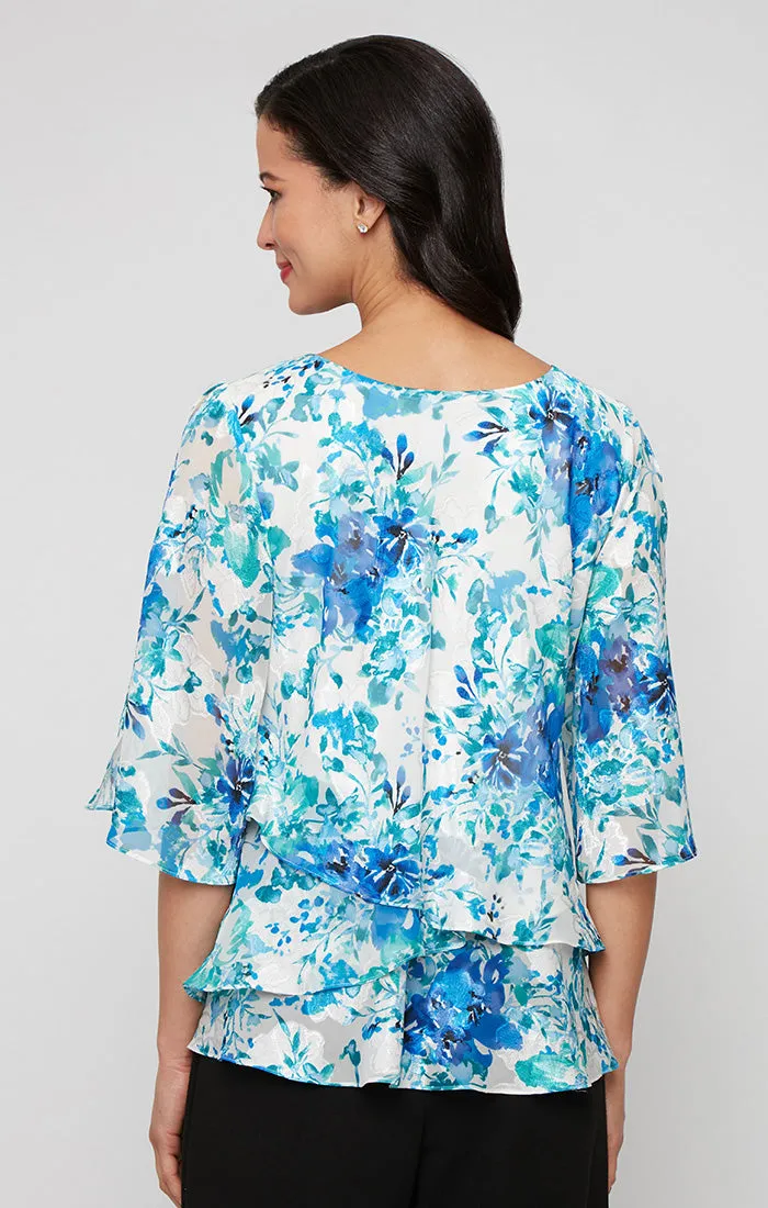 3/4 Sleeve Printed Chiffon Burnout Blouse with Asymmetric Tulip Hem Detail sold by Alex Evenings product image thumbnail 2