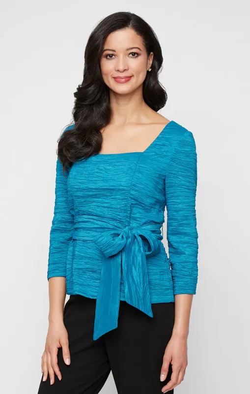 Petite 3/4 Sleeve Crinkle Stretch Taffeta Blouse with Square Neckline and Tie Belt sold by Alex Evenings