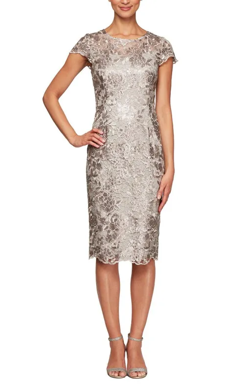 Regular - Sequin Lace Cap Sleeve Dress with Illusion Neckline & Scallop Detail sold by Alex Evenings