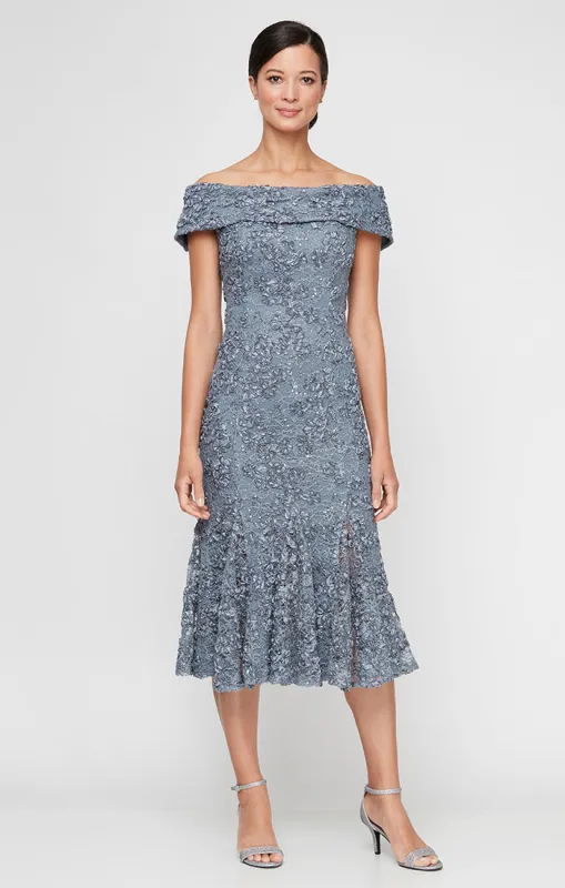 Regular - Off the Shoulder Soutache Lace Fit and Flare Dress with Foldover Cuff Neckline sold by Alex Evenings