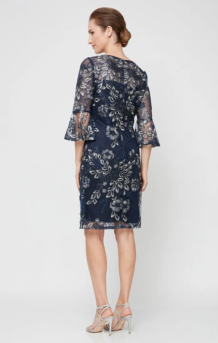 Petite - Embroidered Sheath Cocktail Dress with Illusion Neckline & Bell Sleeves sold by Alex Evenings product image thumbnail 2