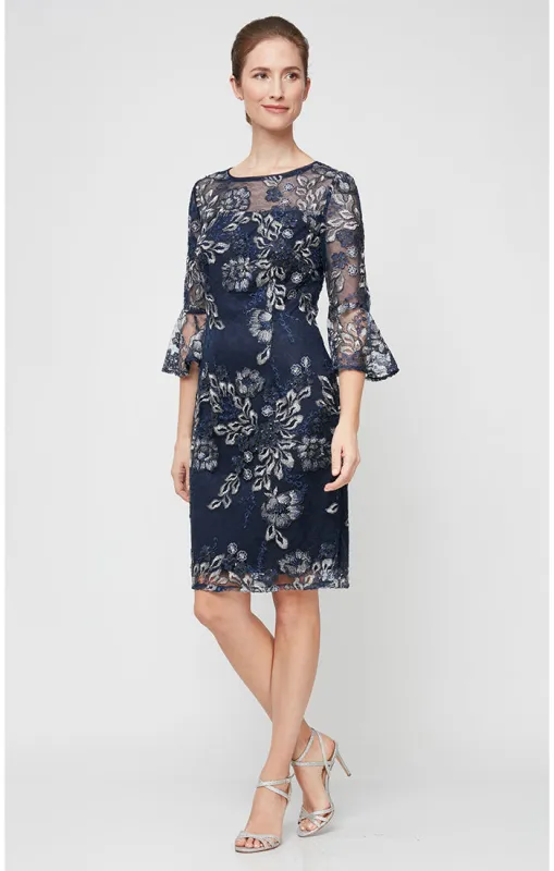Petite - Embroidered Sheath Cocktail Dress with Illusion Neckline & Bell Sleeves sold by Alex Evenings