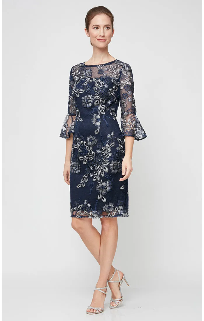 Petite - Embroidered Sheath Cocktail Dress with Illusion Neckline & Bell Sleeves sold by Alex Evenings