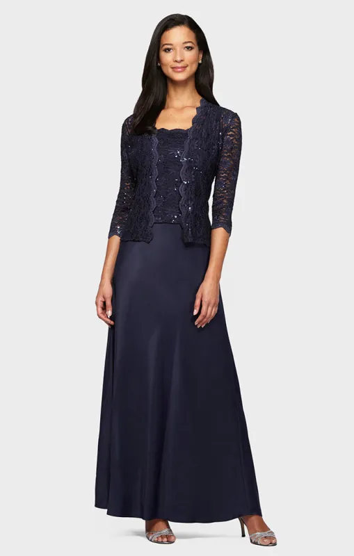 Plus Lace & Satin Gown with 3/4 Sleeve Scalloped Lace Jacket sold by Alex Evenings