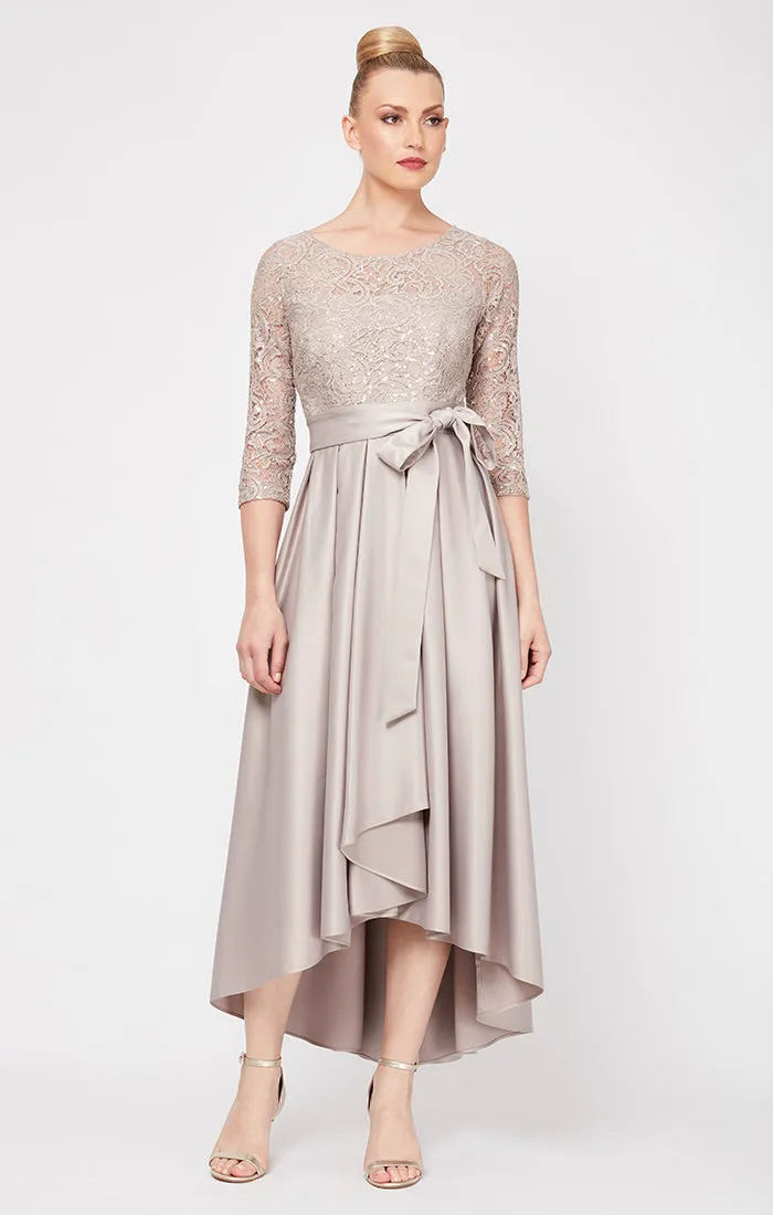 Sequin Lace Party Dress with Satin Skirt & Ribbon Belt sold by Alex Evenings