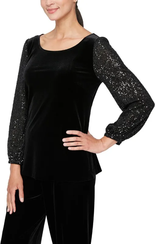 Regular - Long Sleeve Velvet Blouse with Illusion Bubble Hem Sleeves sold by Alex Evenings