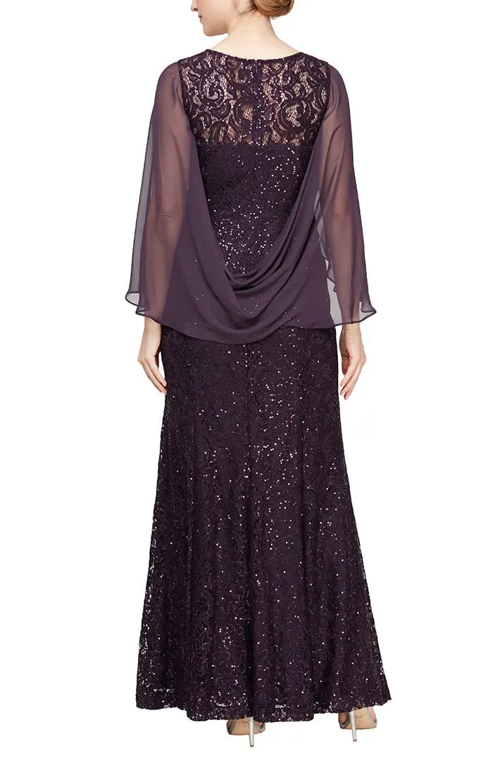 Regular - Long Sequin Lace V-Neck Gown with Attached Chiffon Cape with Draped Back sold by Alex Evenings product image thumbnail 2