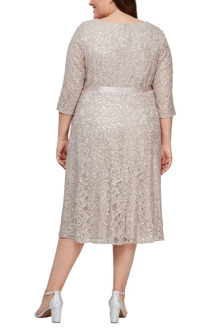 Plus - Tea-Length A-Line Dress with V-Neckline, 3/4 Sleeves and Tie Belt sold by Alex Evenings product image thumbnail 2