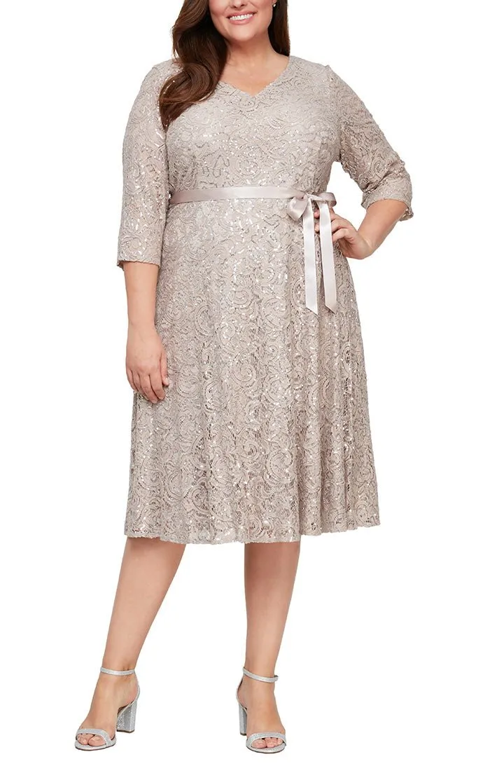 Plus - Tea-Length A-Line Dress with V-Neckline, 3/4 Sleeves and Tie Belt sold by Alex Evenings