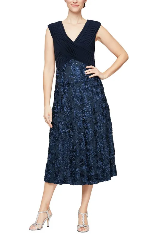 Plus - Midi Length A-Line Sleeveless V-Neck Dress with Soutache Skirt and Pleated Bodice Detail sold by Alex Evenings