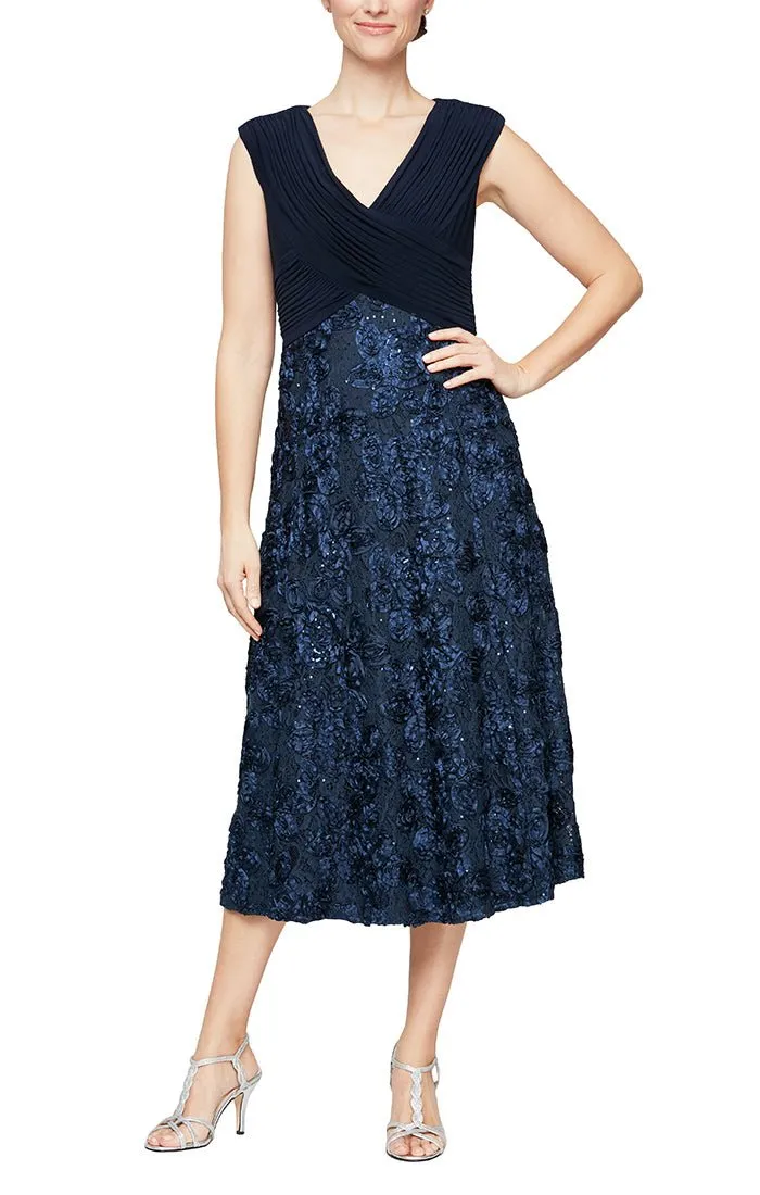 Plus - Midi Length A-Line Sleeveless V-Neck Dress with Soutache Skirt and Pleated Bodice Detail sold by Alex Evenings