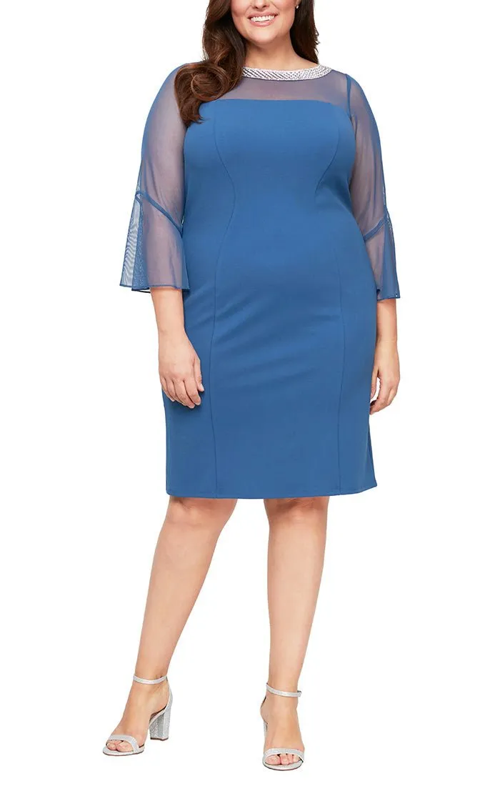Plus - Sheath Crepe Cocktail Dress with Beaded Illusion Neckline & Bell Sleeves sold by Alex Evenings