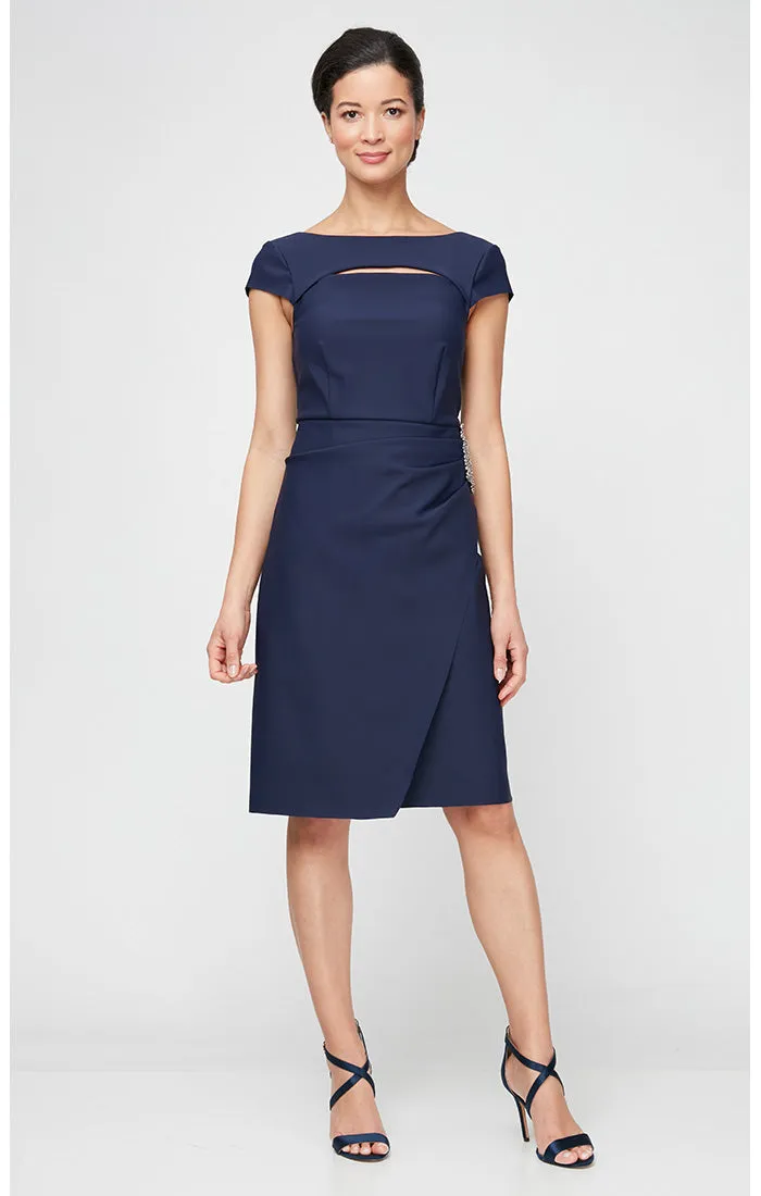 Regular - Cap Sleeve Compression Sheath Cocktail Dress with Split Neckline & Embellishment Detail at Hip sold by Alex Evenings