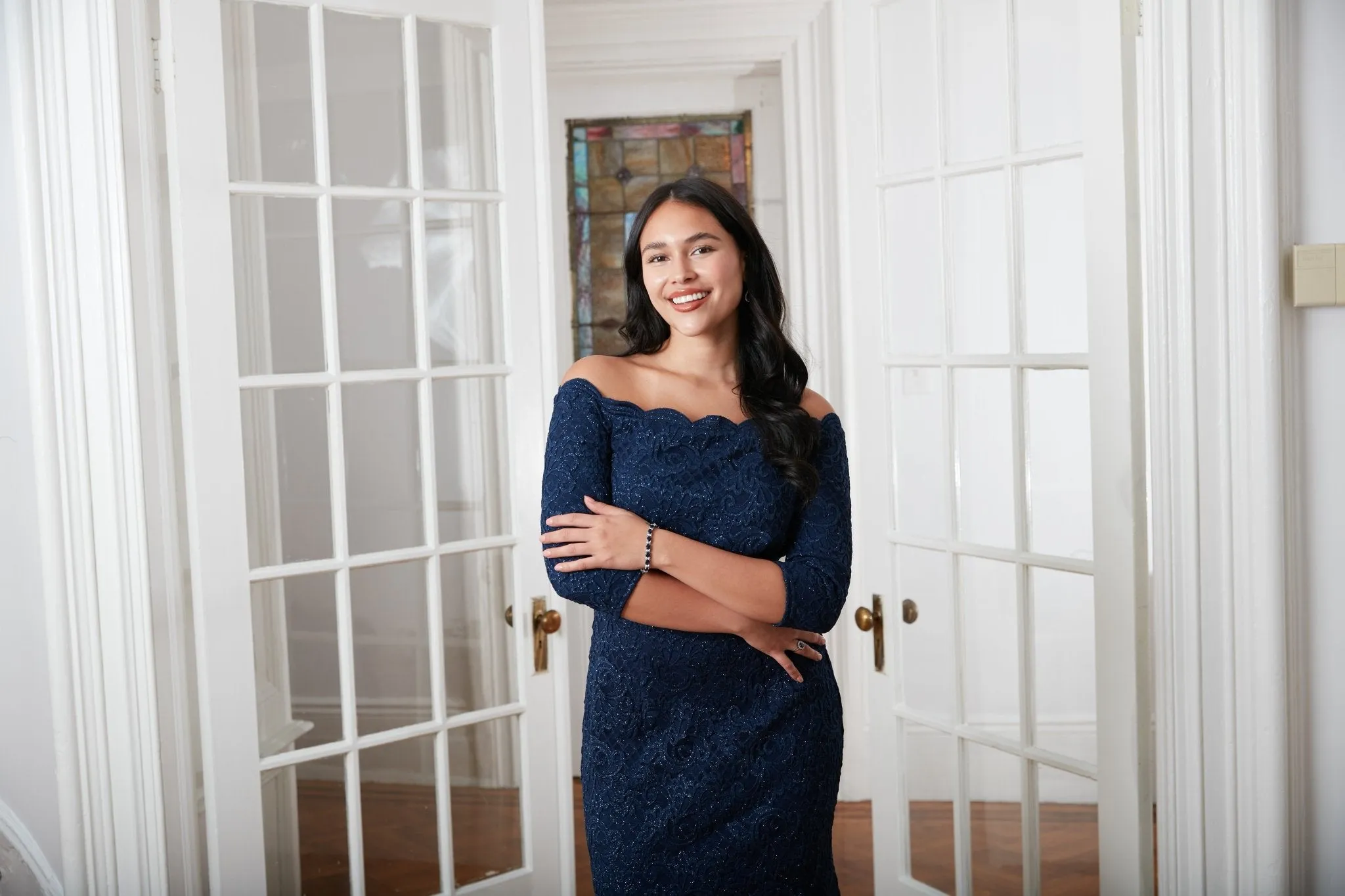 Regular - Midi Off the Shoulder Glitter Fit and Flare Dress with Scallop Detail Neckline sold by Alex Evenings product image thumbnail 3