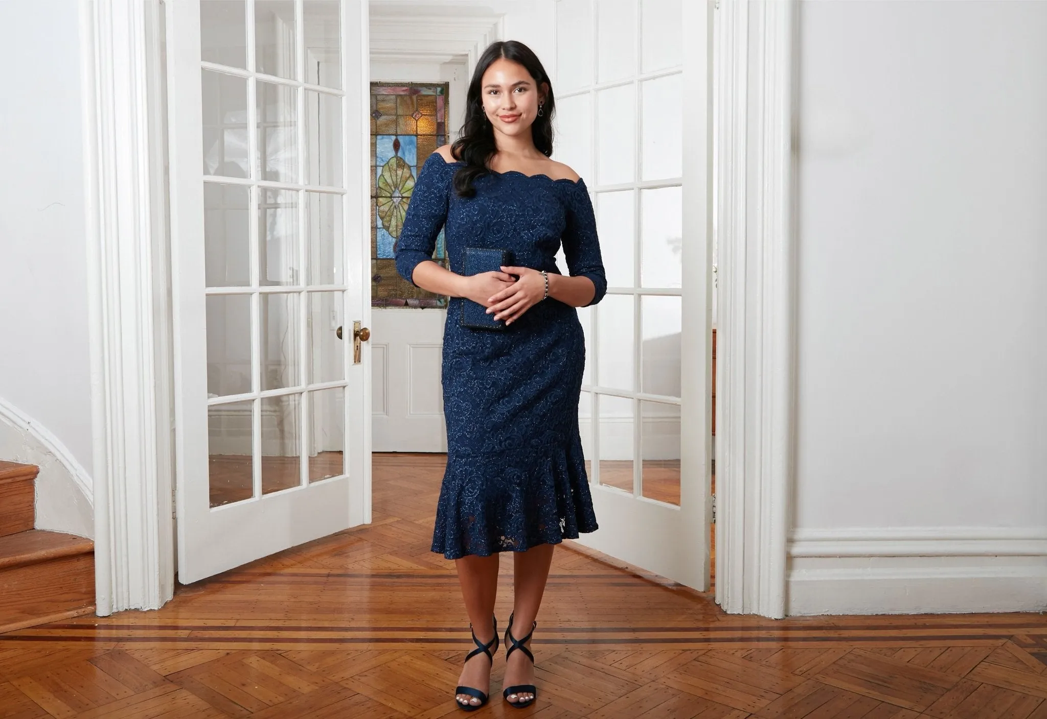 Regular - Midi Off the Shoulder Glitter Fit and Flare Dress with Scallop Detail Neckline sold by Alex Evenings product image thumbnail 4