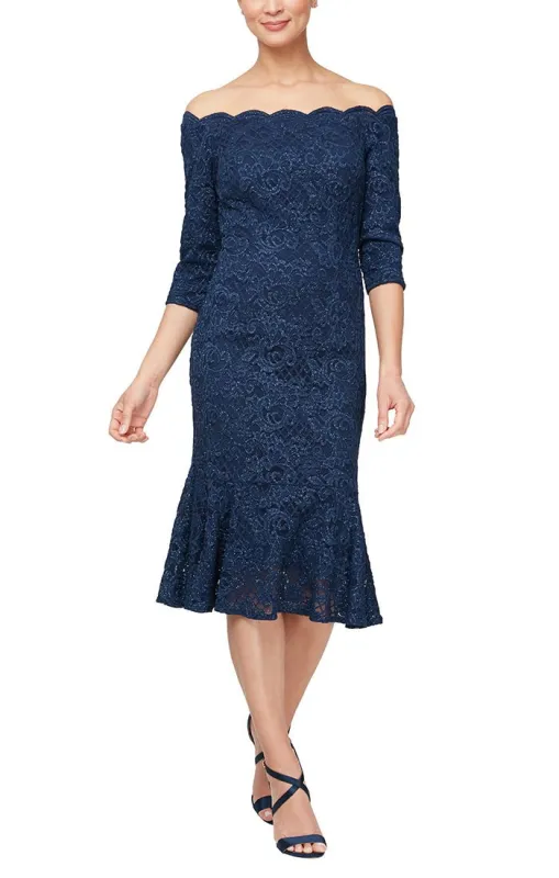 Regular - Midi Off the Shoulder Glitter Fit and Flare Dress with Scallop Detail Neckline sold by Alex Evenings