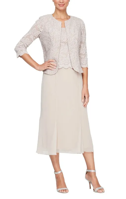Plus - Tea-Length Jacket Dress with Scoop Neck Bodice, Open 3/4 Sleeve Jacket and Scallop Detail sold by Alex Evenings