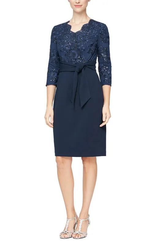 Regular - Short Sheath Dress with Embroidered Surplice Neckline, 3/4 Sleeves and Tie Belt Detail sold by Alex Evenings