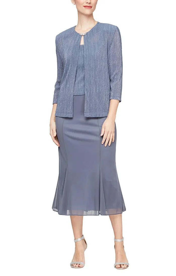 Plus - Pleated Glitter Mesh Jacket Dress with Hook Neck Closure Jacket and Square Neck Bodice sold by Alex Evenings