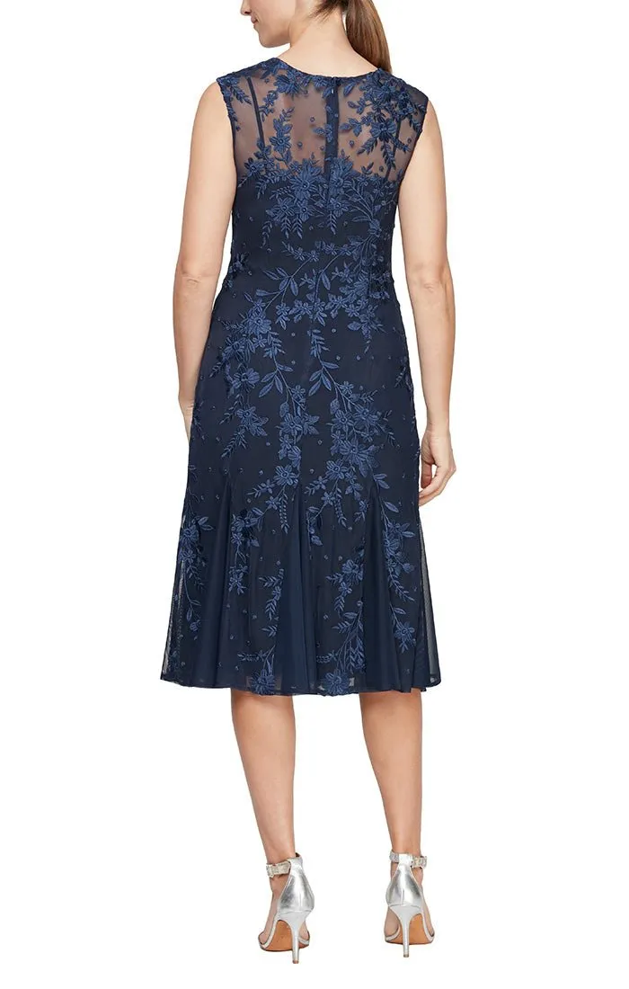 Midi Length Embroidered Fit and Flare Dress with Illusion Neckline and Godet Detail Skirt sold by Alex Evenings product image thumbnail 2