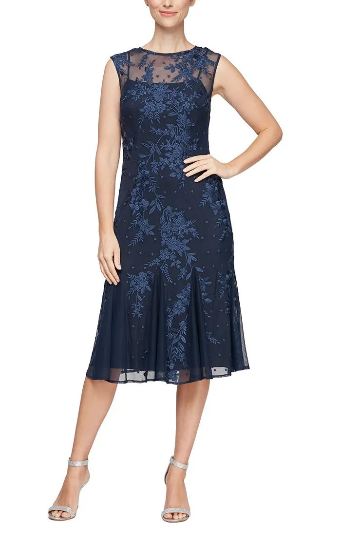 Midi Length Embroidered Fit and Flare Dress with Illusion Neckline and Godet Detail Skirt sold by Alex Evenings