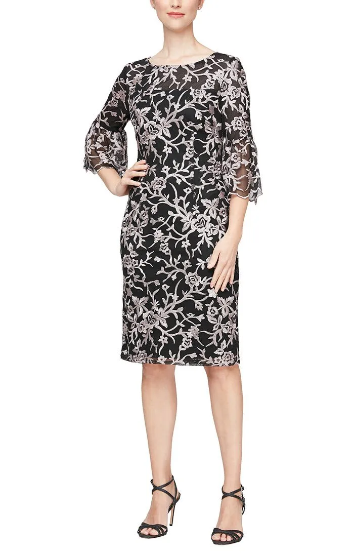 Regular - Embroidered Sheath Dress with Illusion Neckline & Bell Sleeves sold by Alex Evenings