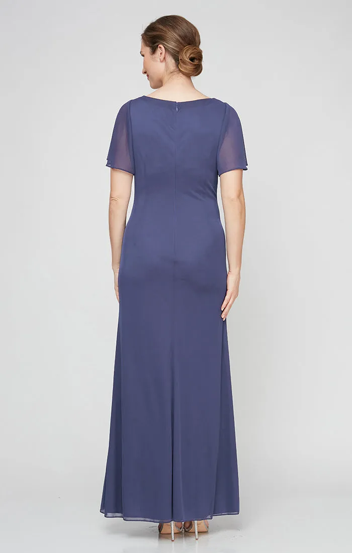 Regular - Long Surplice Neckline Mesh Dress with Flutter Sleeves, Embellishment at Hip and Cascade Skirt Detail sold by Alex Evenings product image thumbnail 2
