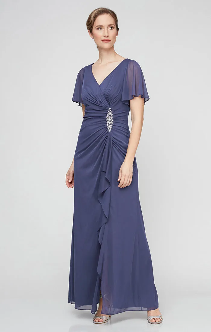 Regular - Long Surplice Neckline Mesh Dress with Flutter Sleeves, Embellishment at Hip and Cascade Skirt Detail sold by Alex Evenings