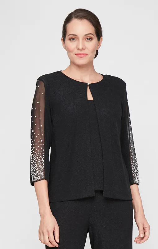 3/4 Sleeve Mock Metallic Knit Twinset with Heat Set Illusion Bell Sleeves & Hook Neck Closure sold by Alex Evenings