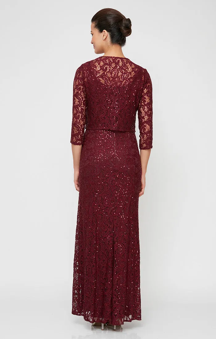 Regular - Sequin Lace Long A-Line Dress with 3/4 Sleeve Illusion Jacket sold by Alex Evenings product image thumbnail 3
