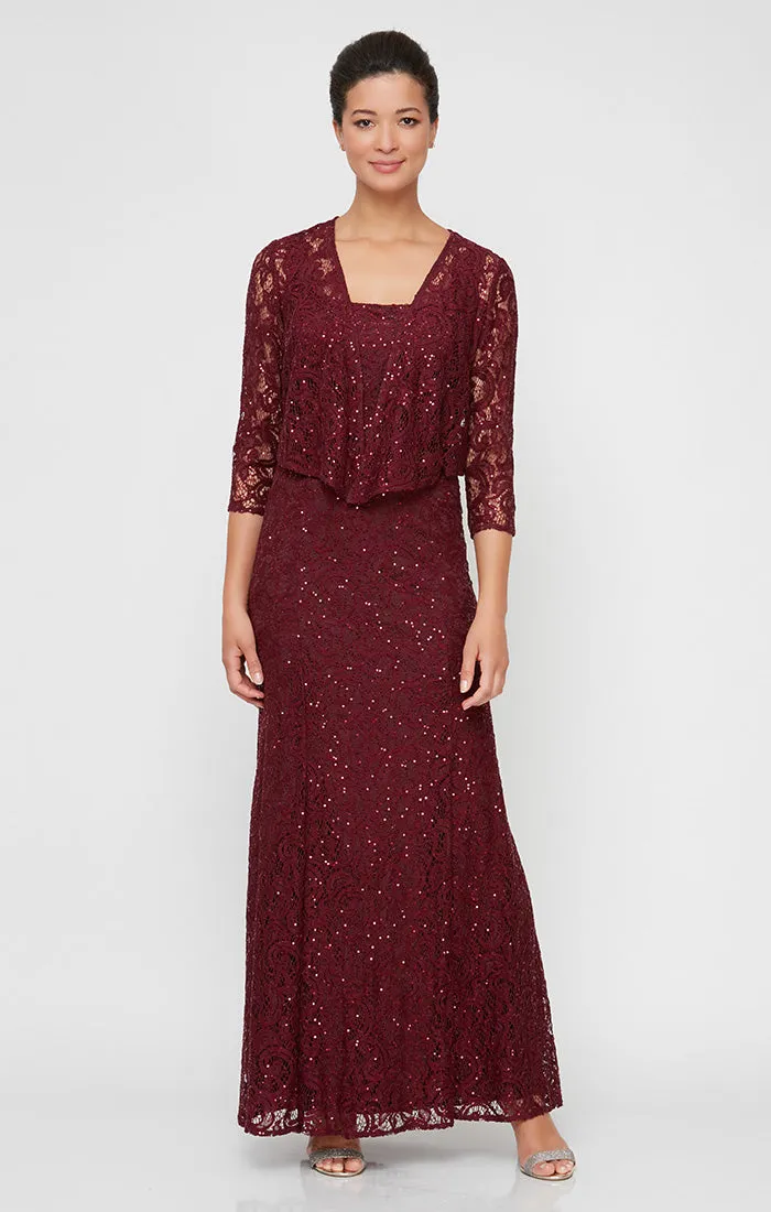 Regular - Sequin Lace Long A-Line Dress with 3/4 Sleeve Illusion Jacket sold by Alex Evenings