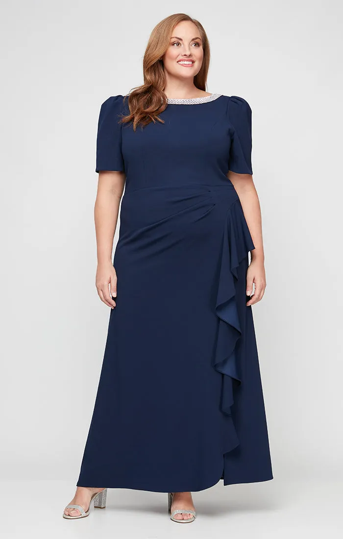 Plus Long Embellished Neck Dress with Elbow Sleeves & Cascade Detail Skirt sold by Alex Evenings