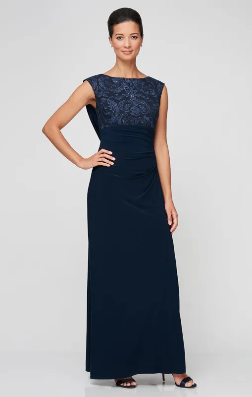 Empire Waist Dress with Matte Jersey Body and Cowl Back Detail with an Embroidered Sequin Lace Bodice sold by Alex Evenings