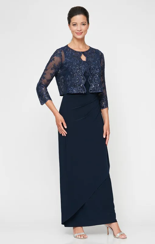 Long Empire Waist Embroidered Jacket Dress with Hook Neck Closure Jacket and Cascade Detail Skirt sold by Alex Evenings