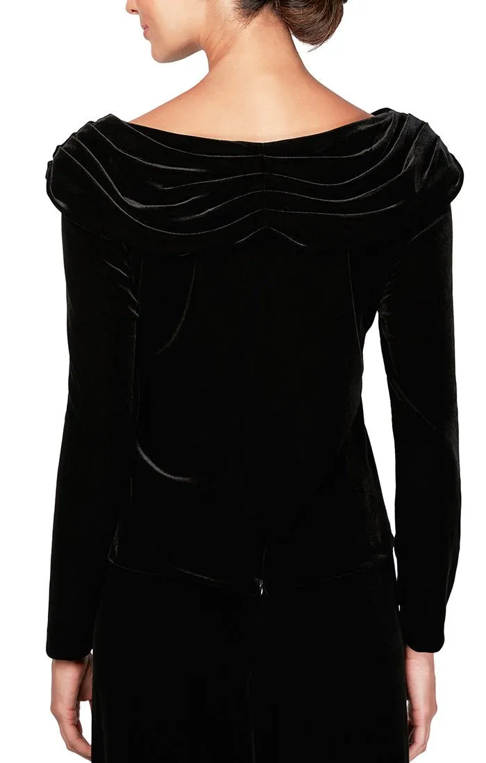 Long Sleeve Velvet Blouse with Ruched Collar Neckline & Decorative Broach sold by Alex Evenings product image thumbnail 2