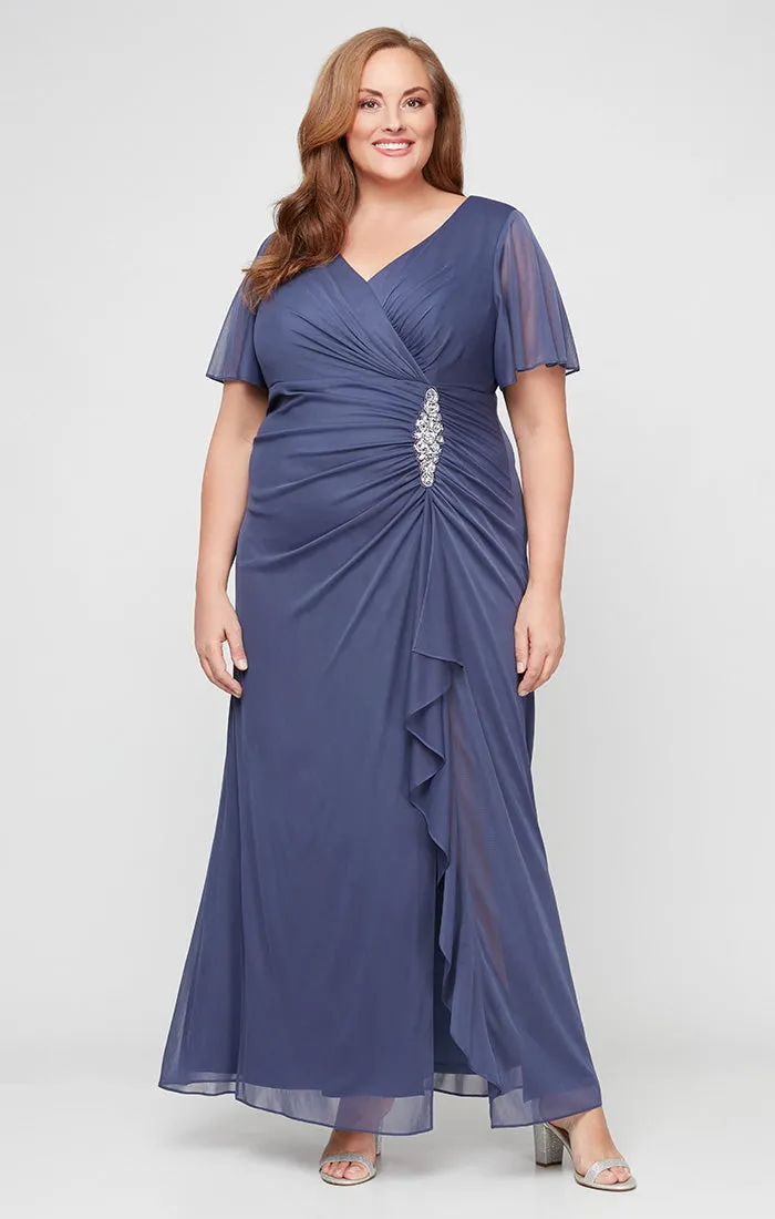 Plus - Mesh Gown with Flutter Sleeves, Embellishment at Hip and Cascade Skirt Detail sold by Alex Evenings product image thumbnail 3