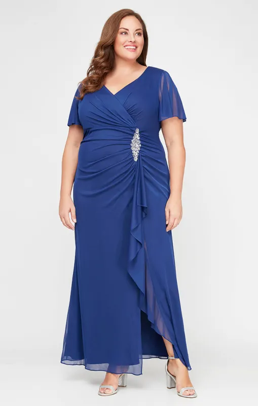 Plus - Mesh Gown with Flutter Sleeves, Embellishment at Hip and Cascade Skirt Detail sold by Alex Evenings
