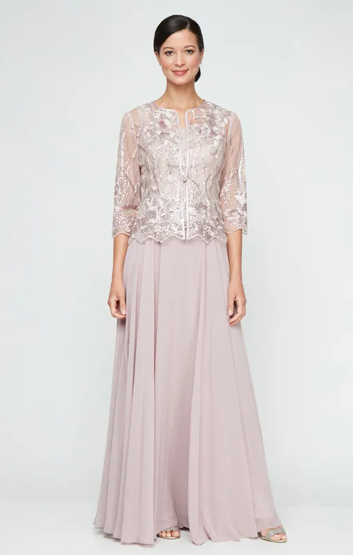 Long Sequin Embroidered Mock Jacket Dress with Center Front Closure Jacket & Full Skirt made by Alex Evenings