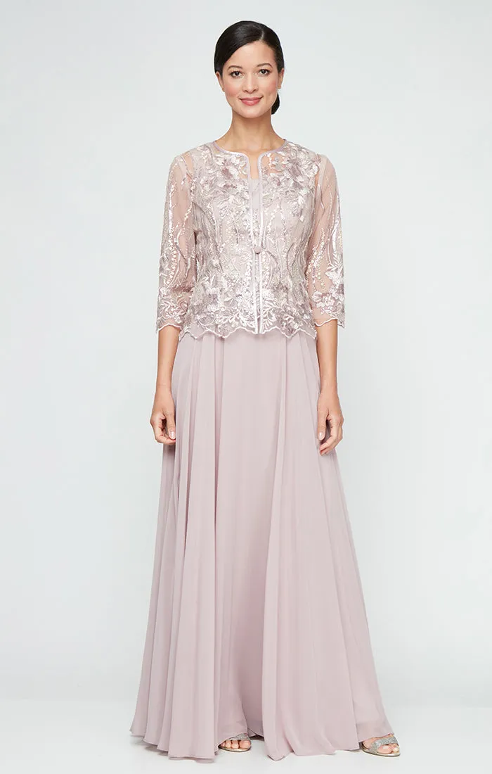 Long Sequin Embroidered Mock Jacket Dress with Center Front Closure Jacket & Full Skirt sold by Alex Evenings