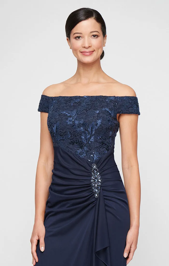 Long Embroidered Lace Off the Shoulder Dress with Gathered Detail Mesh Skirt and Embellishment Detail sold by Alex Evenings product image thumbnail 3