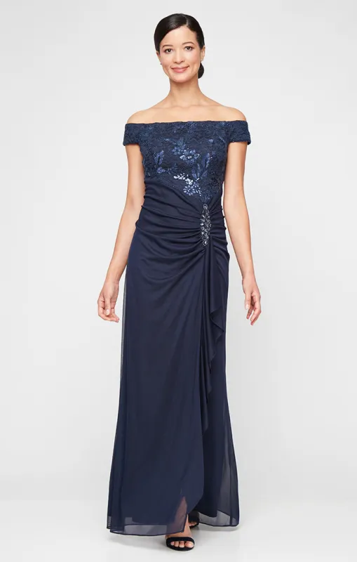 Long Embroidered Lace Off the Shoulder Dress with Gathered Detail Mesh Skirt and Embellishment Detail sold by Alex Evenings