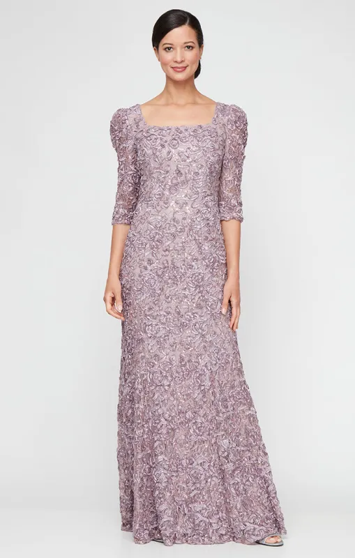 Regular - Square Neck Sequin Soutache Lace Gown with Puff Shoulder Detail sold by Alex Evenings