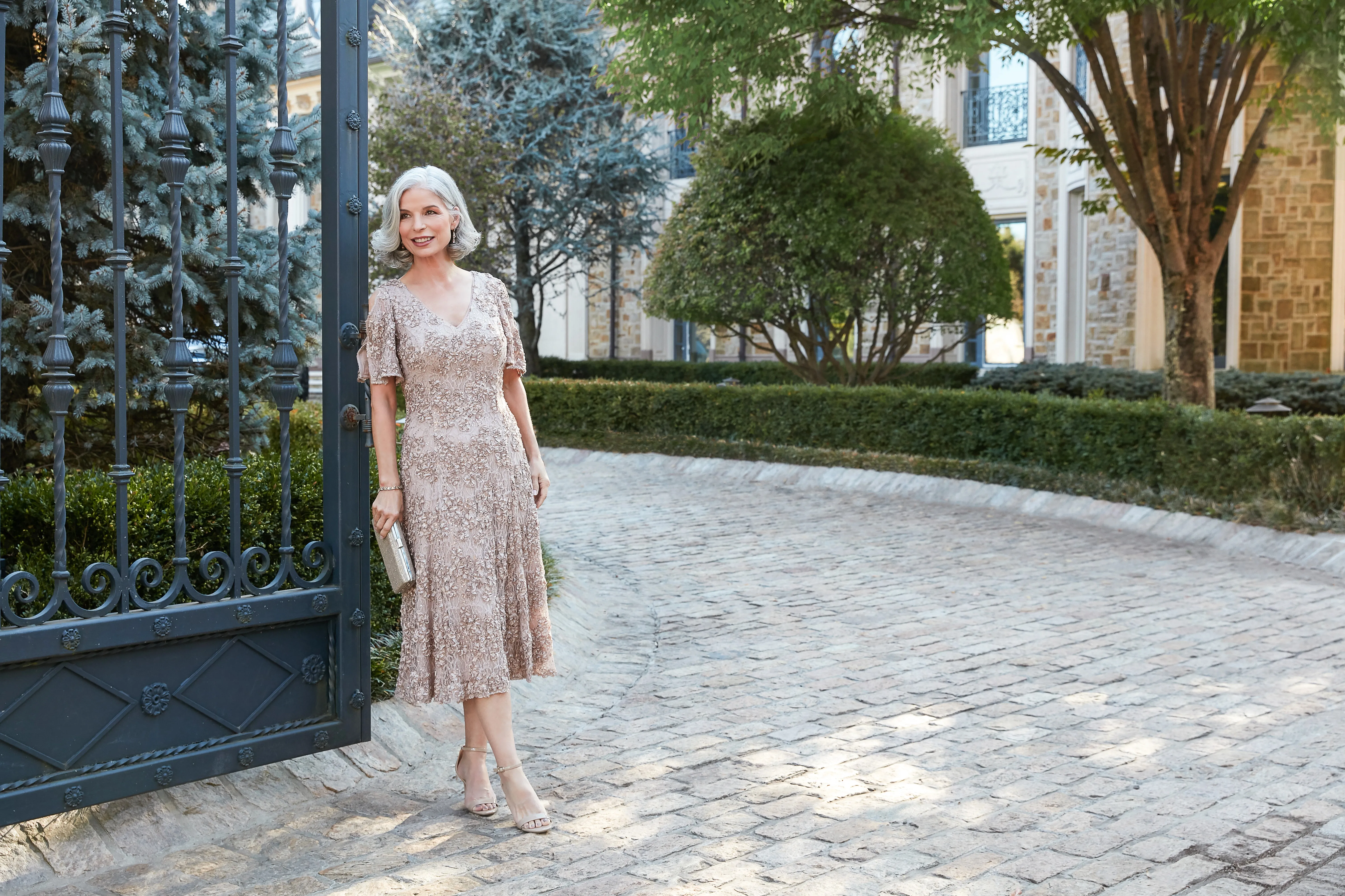 Plus - Tea-Length V-Neck Sequin Soutache Dress with Cold Shoulder Sleeves sold by Alex Evenings product image thumbnail 4