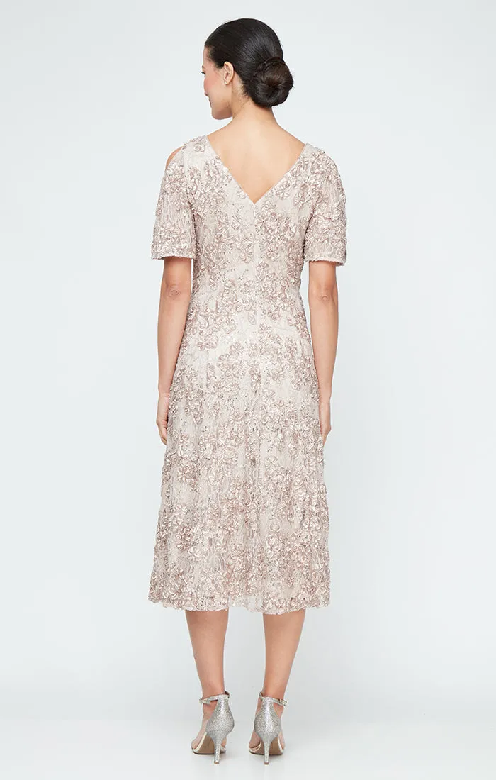 Plus - Tea-Length V-Neck Sequin Soutache Dress with Cold Shoulder Sleeves sold by Alex Evenings product image thumbnail 2