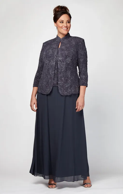 Plus Glitter Jacquard Knit Jacket Dress with Mandarin Neckline sold by Alex Evenings